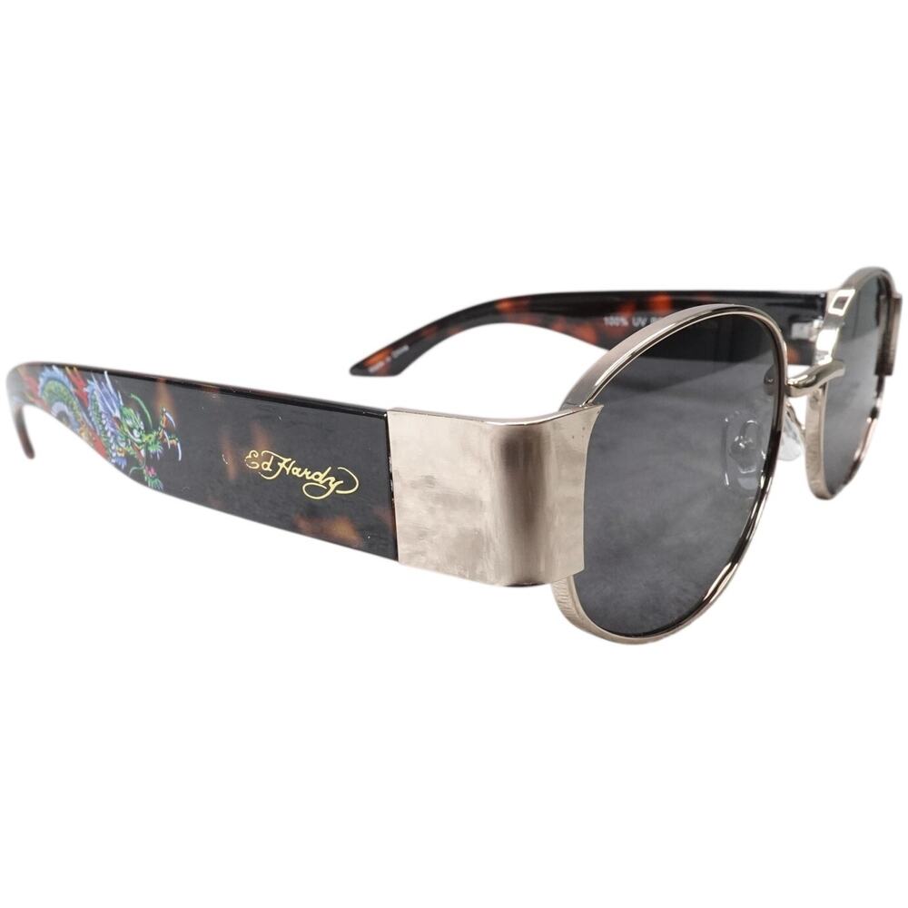 Ed Hardy Dragon House Annunciation Y2K Sunglasses Unisex Brown Tortoise VTG New